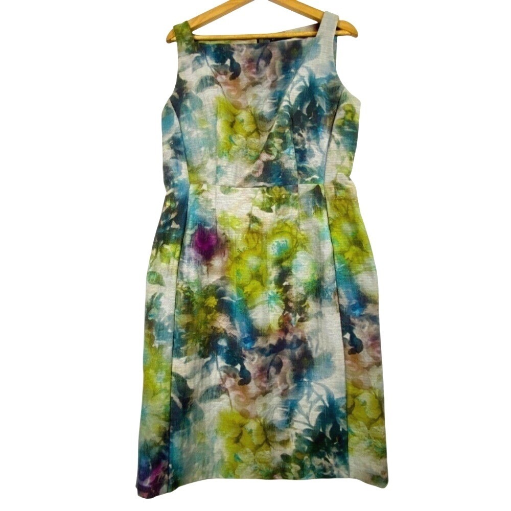 Josie Natori Women's Sleeveless Midi‎ Sheath Dress Sz 8 Watercolor Office Artsy